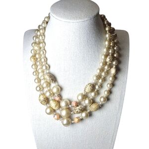 Vintage Japan Faux Pearl Beaded Triple Strand Necklace  15-18" Hook Clasp